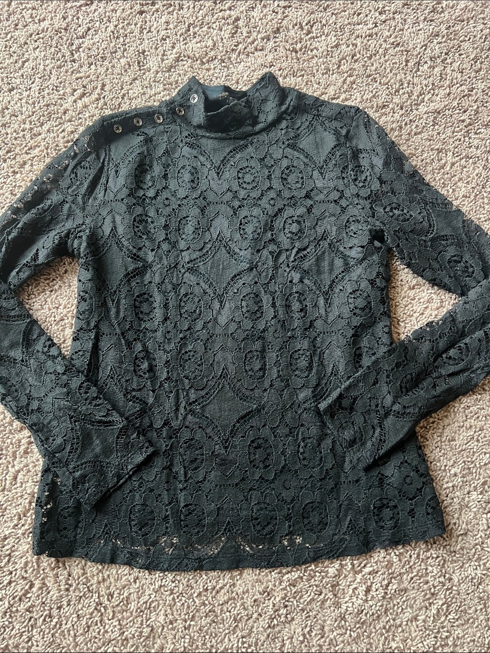 Maeve Anthropologie Black Lace Long-Sleeve Mock Neck Top Medium